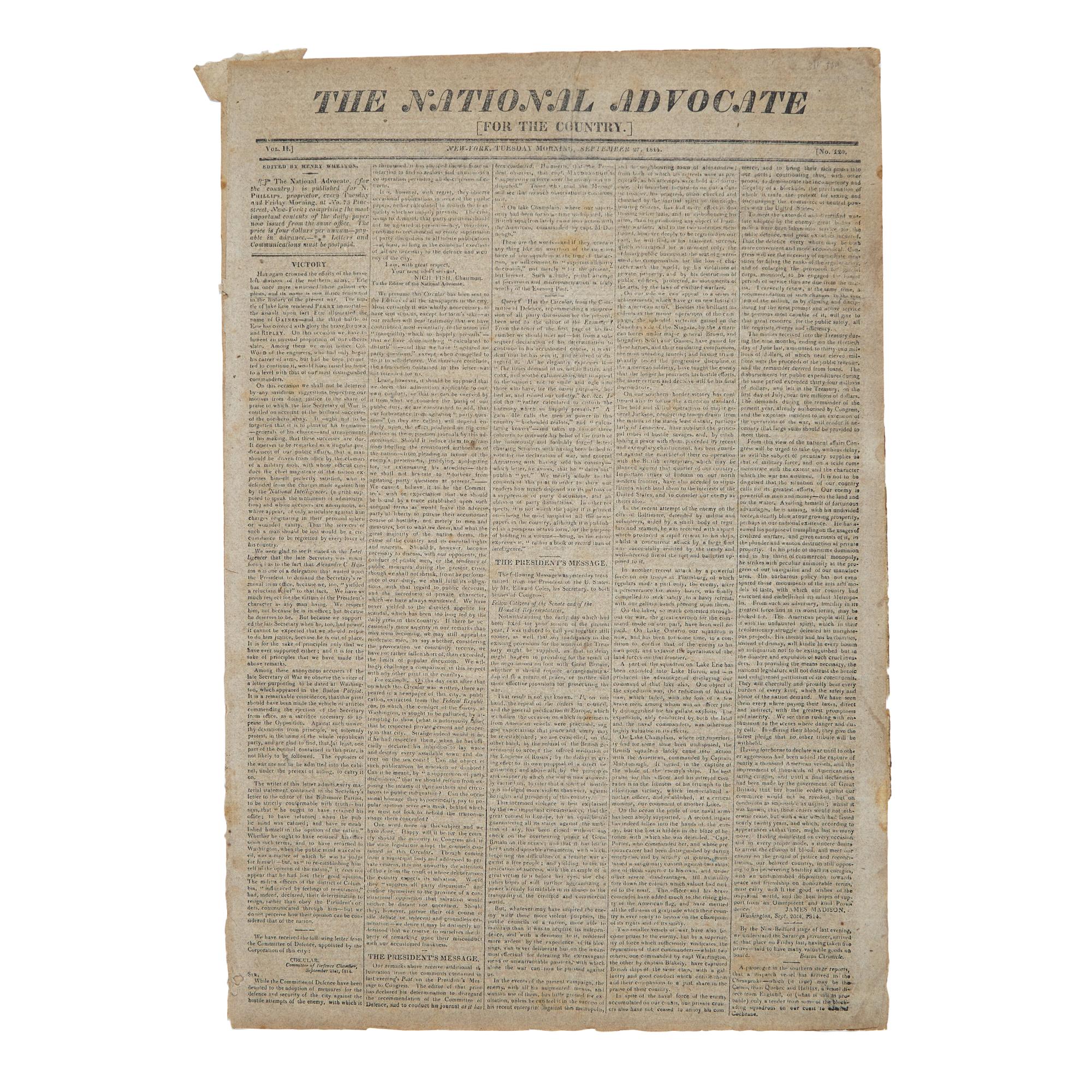 [Star-Spangled Banner] One of the Earliest Obtainable Newspaper Printings of the Star-Spangled Banner, September 27, 1814