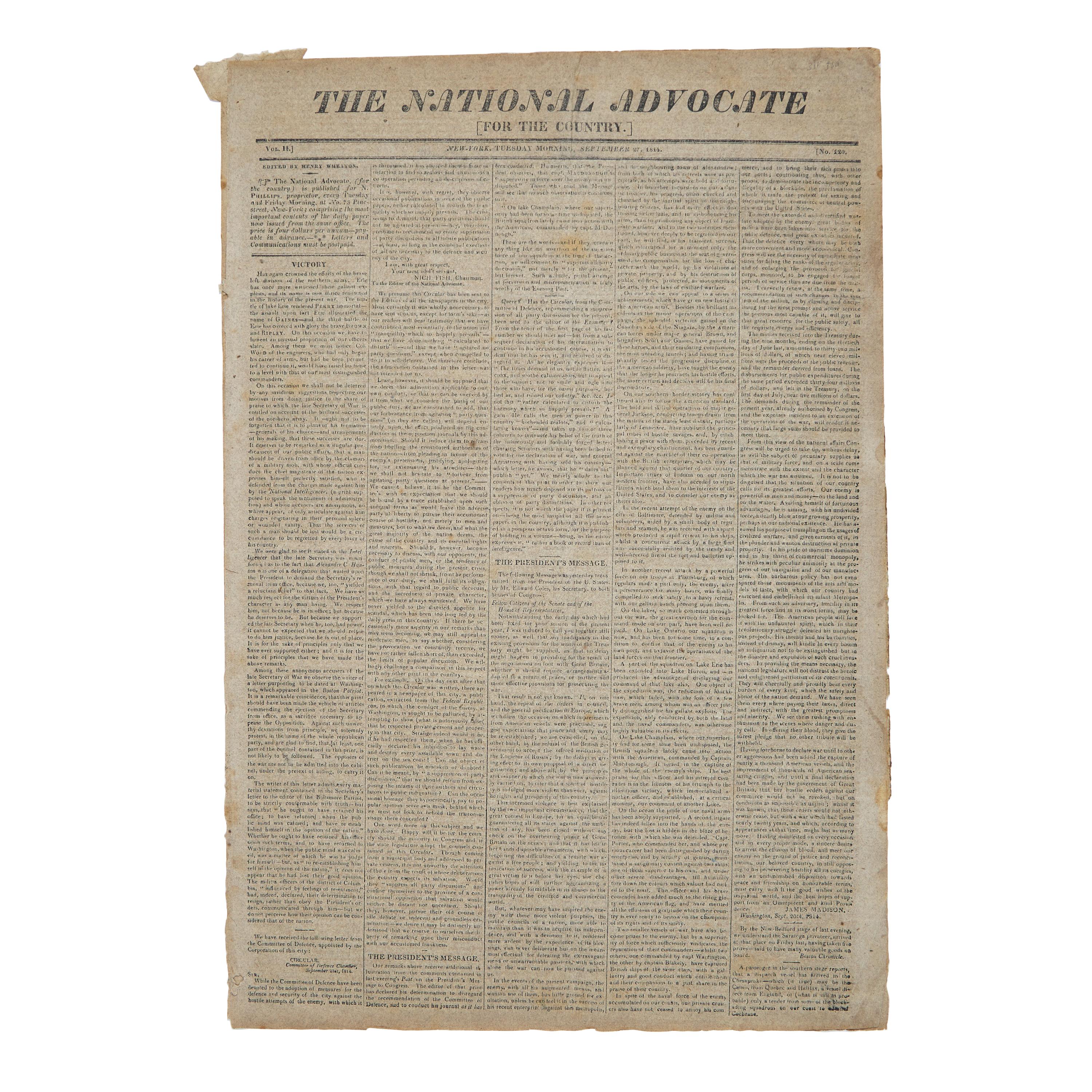 [Star-Spangled Banner] One of the Earliest Obtainable Newspaper Printings of the Star-Spangled Banner, September 27, 1814