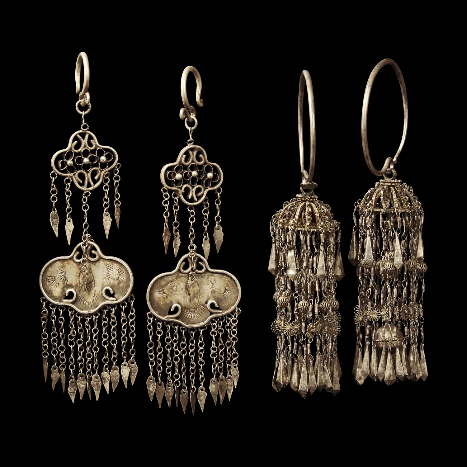 Eight Pairs of Chinese Silver Earrings, Qing Dynasty 清 銀耳環八對