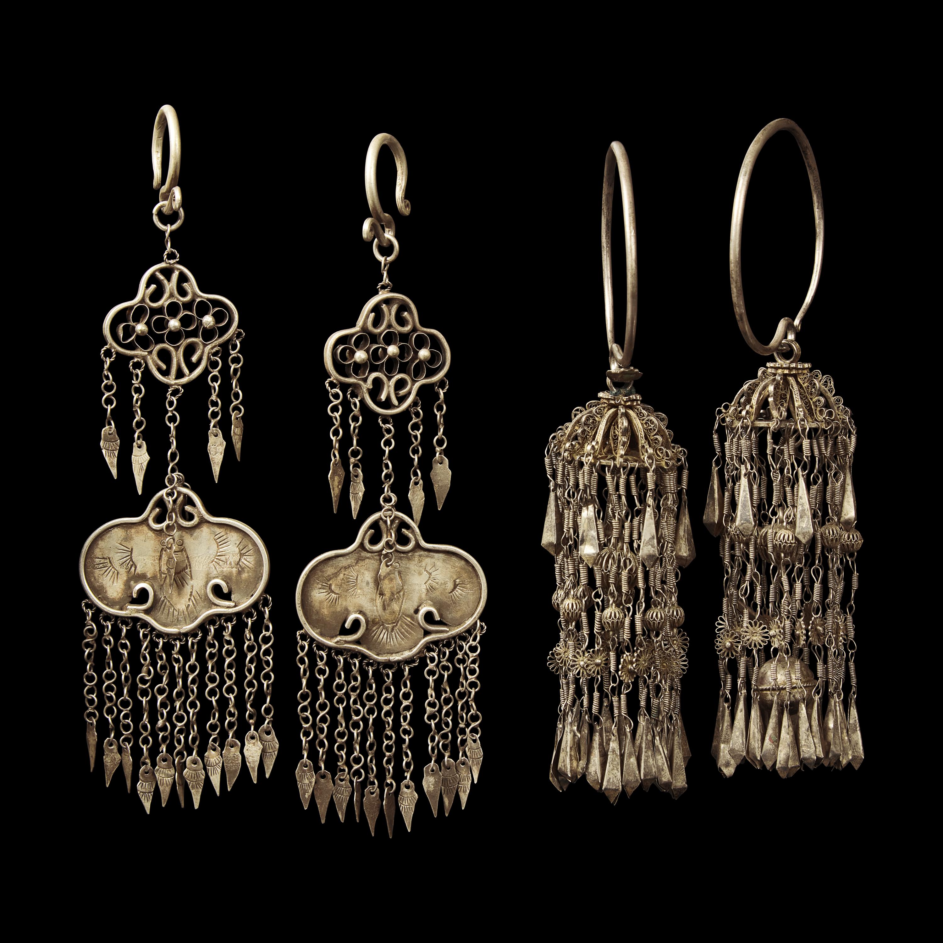 Eight Pairs of Chinese Silver Earrings, Qing Dynasty 清 銀耳環八對
