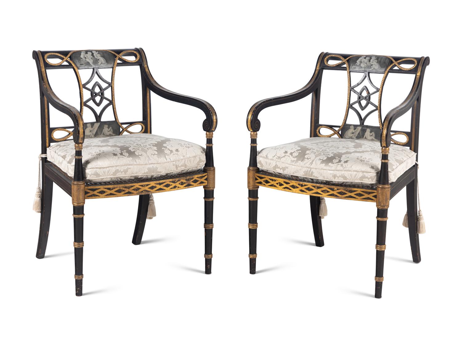 A Set of Ten Regency Black and Gilt Japanned Armchairs