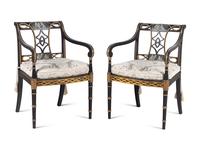 A Set of Ten Regency Black and Gilt Japanned Armchairs