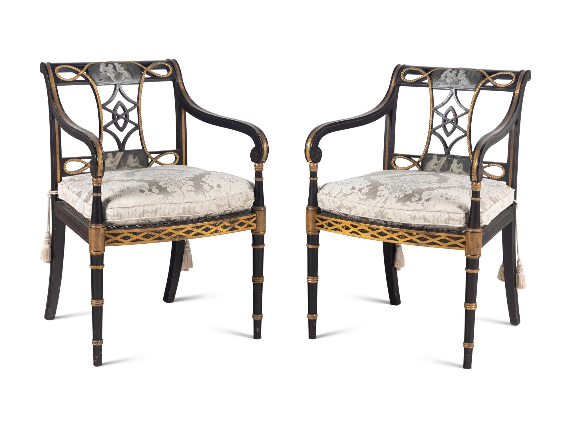 A Set of Ten Regency Black and Gilt Japanned Armchairs