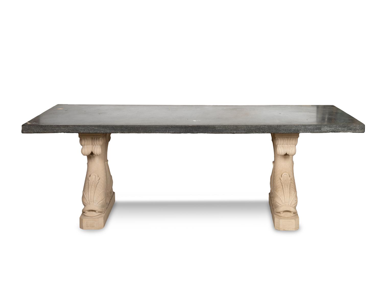 A Cast Stone Dolphin-Form Double Pedestal Table