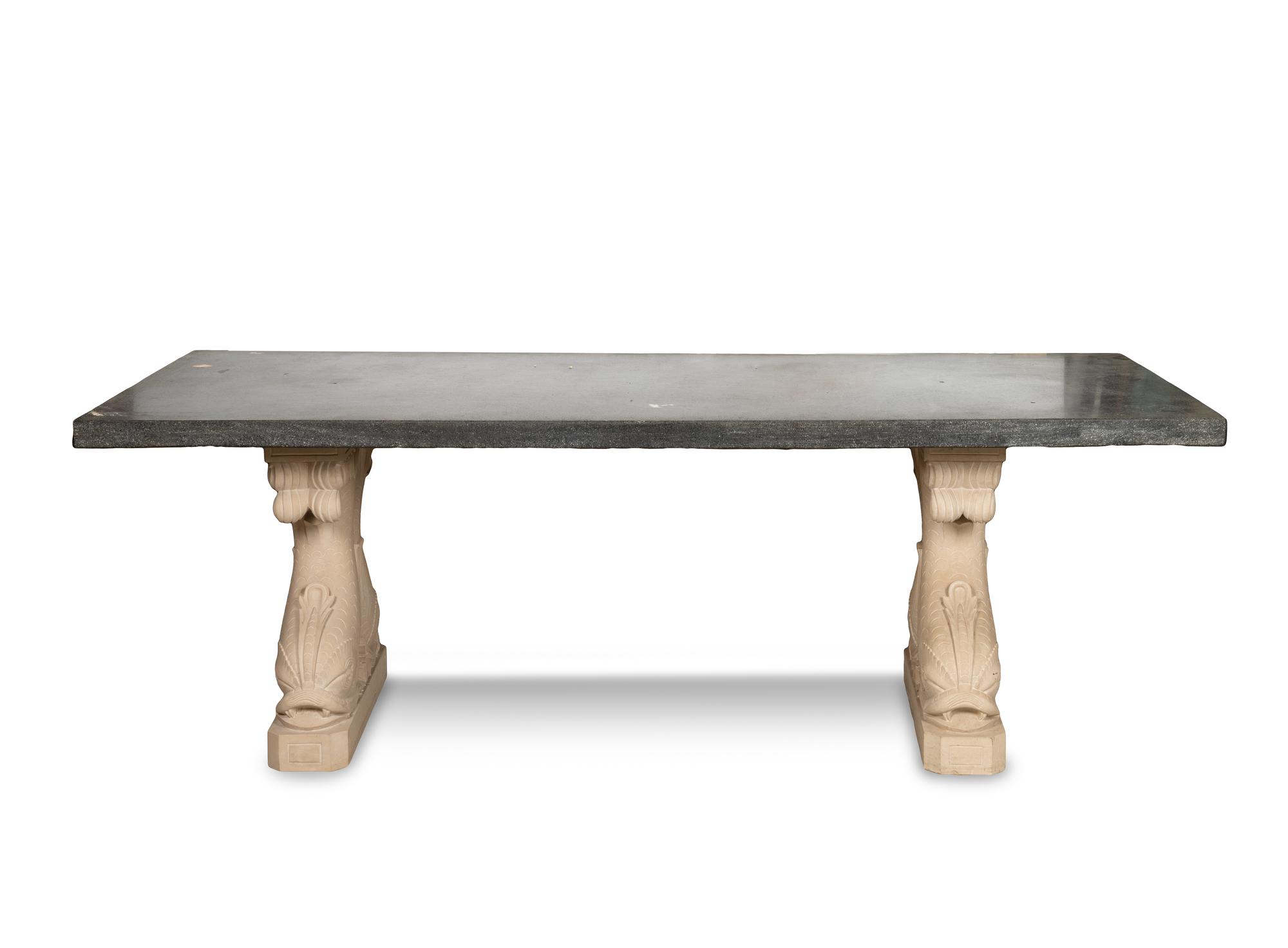 A Cast Stone Dolphin-Form Double Pedestal Table