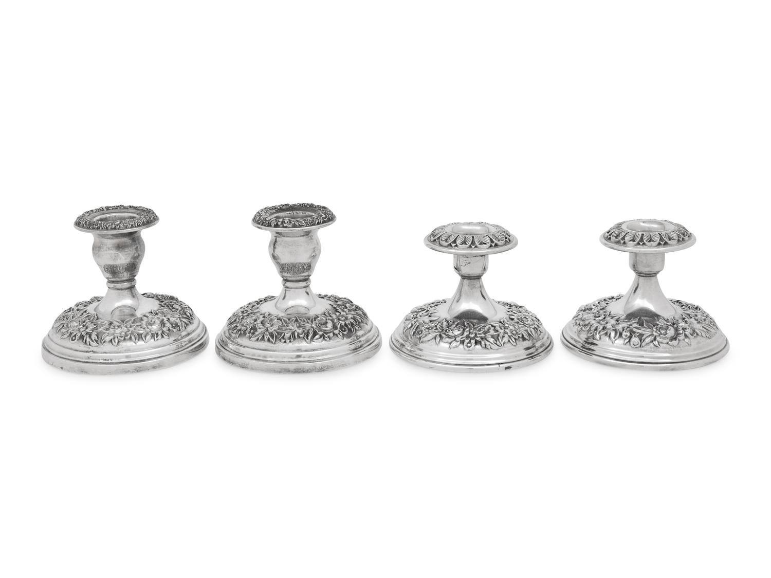 Two Pairs of S. Kirk and Son Repousse Silver Candlesticks