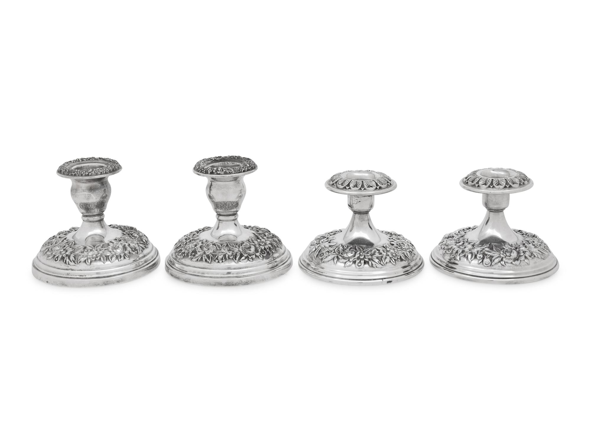Two Pairs of S. Kirk and Son Repousse Silver Candlesticks