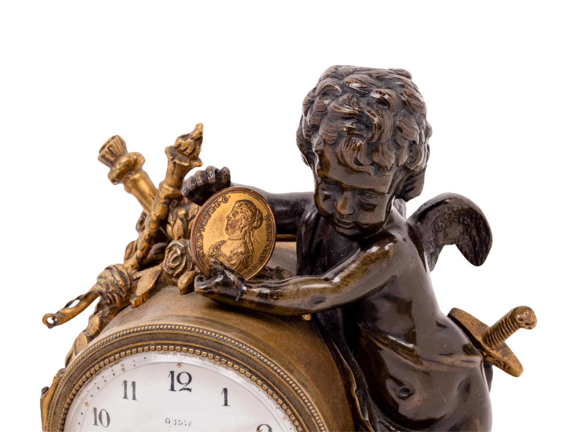 A Louis XV Style Gilt and Patinated Bronze and Marble Figural Mantel Clock