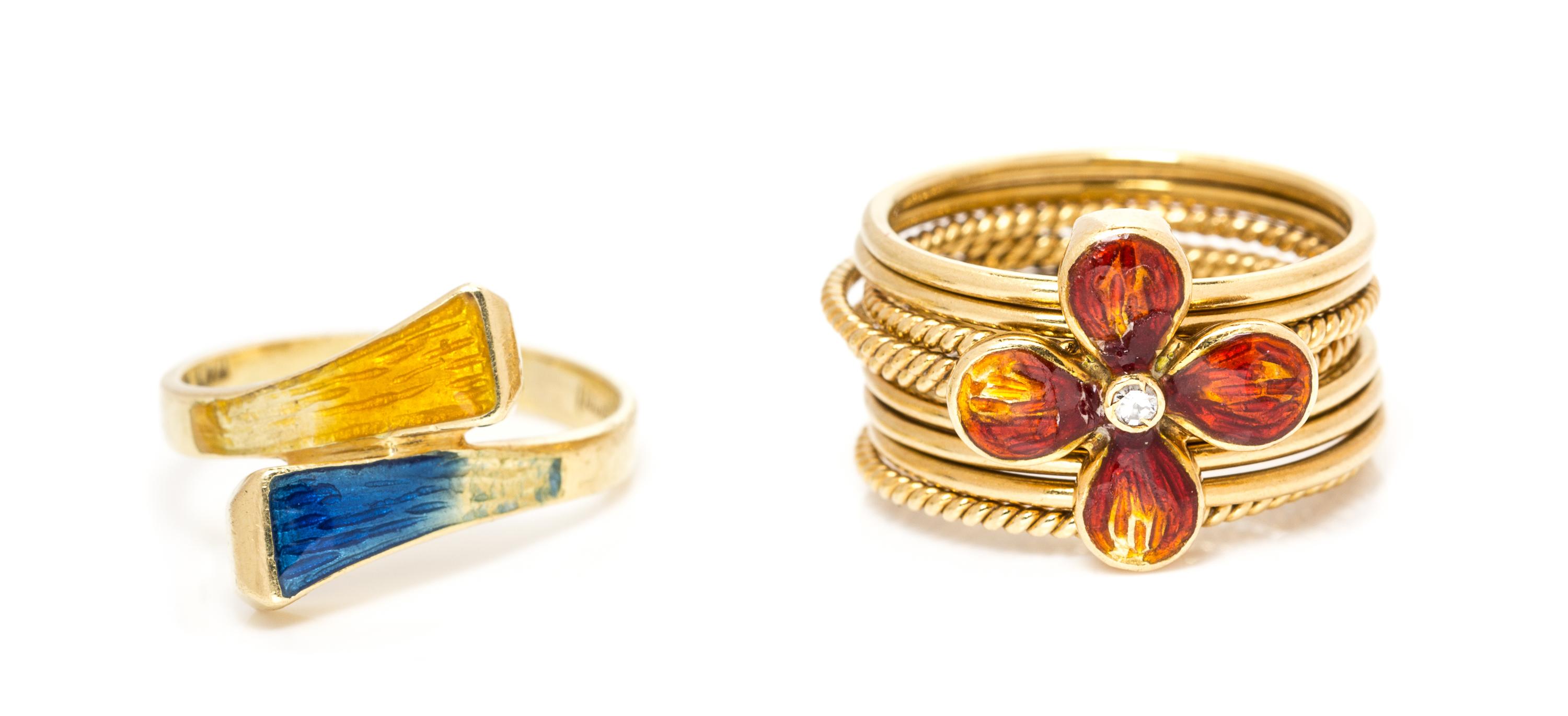 A Collection of 18 Karat Yellow Gold, Polychrome Enamel and Diamond Rings, Gucci, 7.30 dwts.