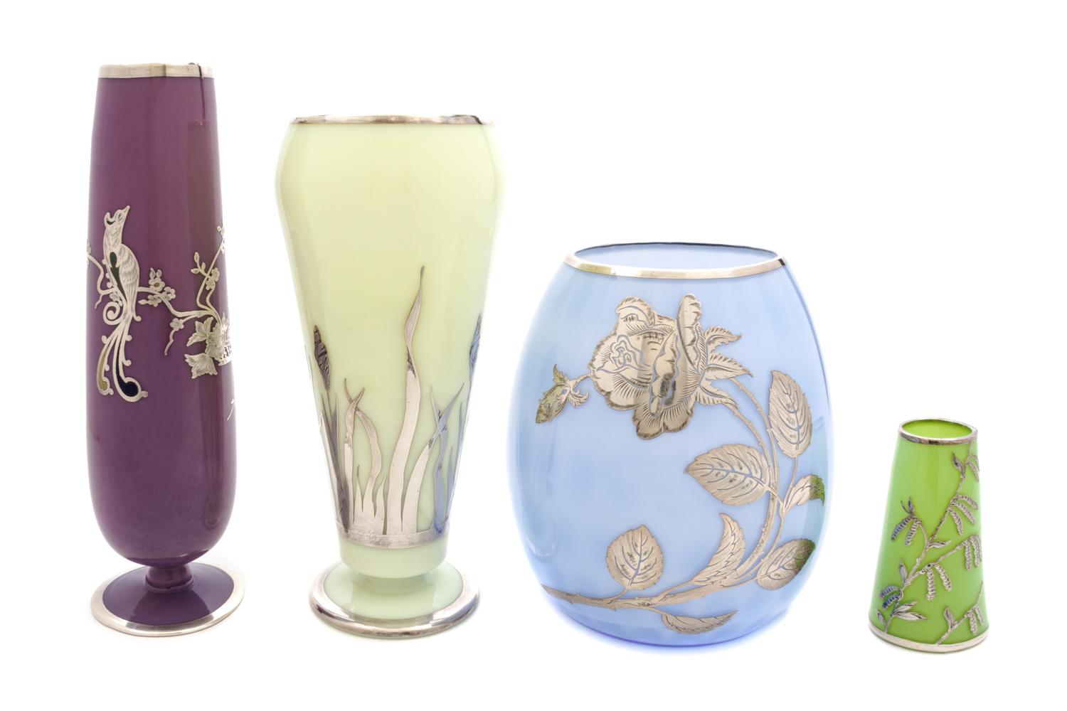 Four Silver Overlay Glass Vases Height of tallest 12 inches.