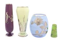 Four Silver Overlay Glass Vases Height of tallest 12 inches.