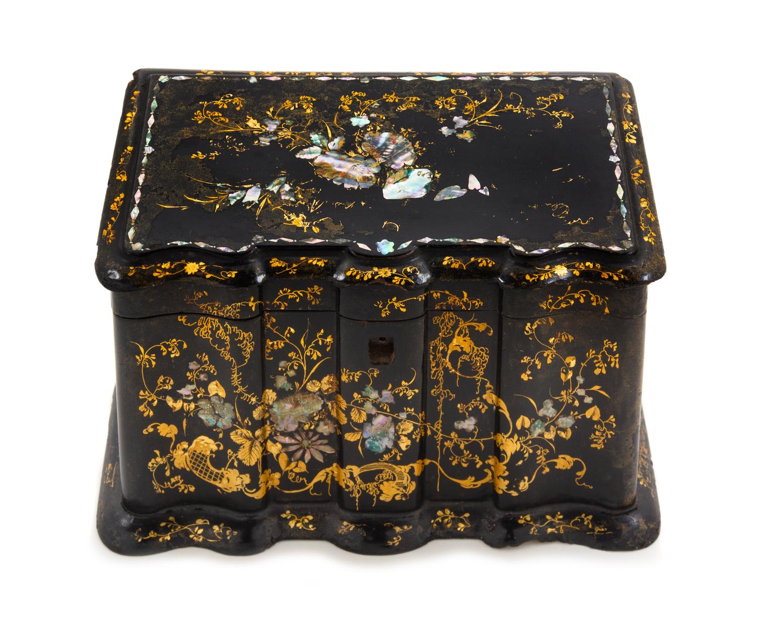 A Victorian Mother-of-Pearl Inlaid Papier Mache Tea Caddy Height 4 1/2 x width 7 3/4 x depth 4 7/8 inches. — LATE 19TH CENTURY