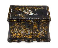 A Victorian Mother-of-Pearl Inlaid Papier Mache Tea Caddy Height 4 1/2 x width 7 3/4 x depth 4 7/8 inches. — LATE 19TH CENTURY