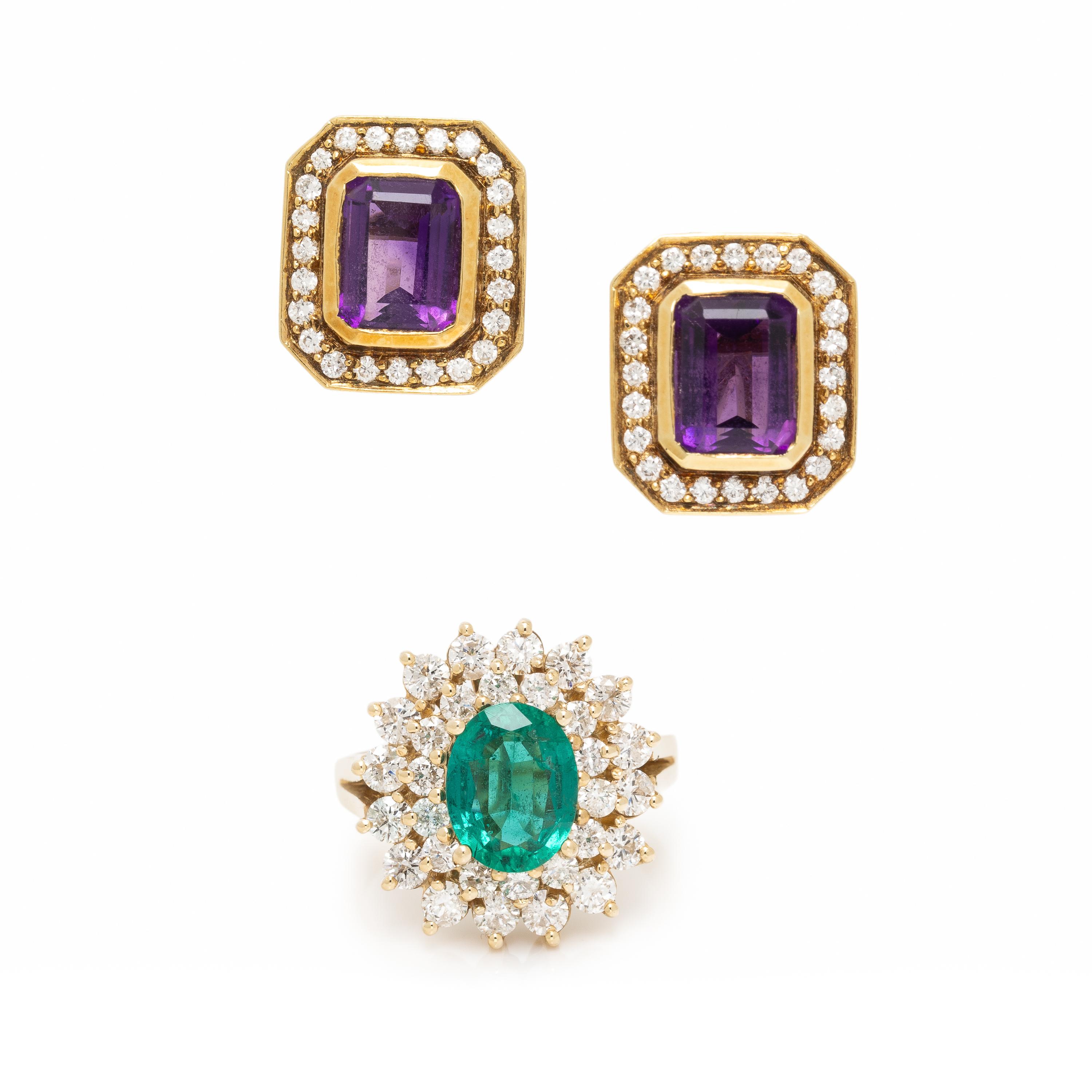 Yellow Gold and Multigem Earrings and Ring