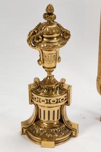 A Louis XV Style Gilt Bronze Fire Screen, a Set of Fire Tools and a Pair of Chenets