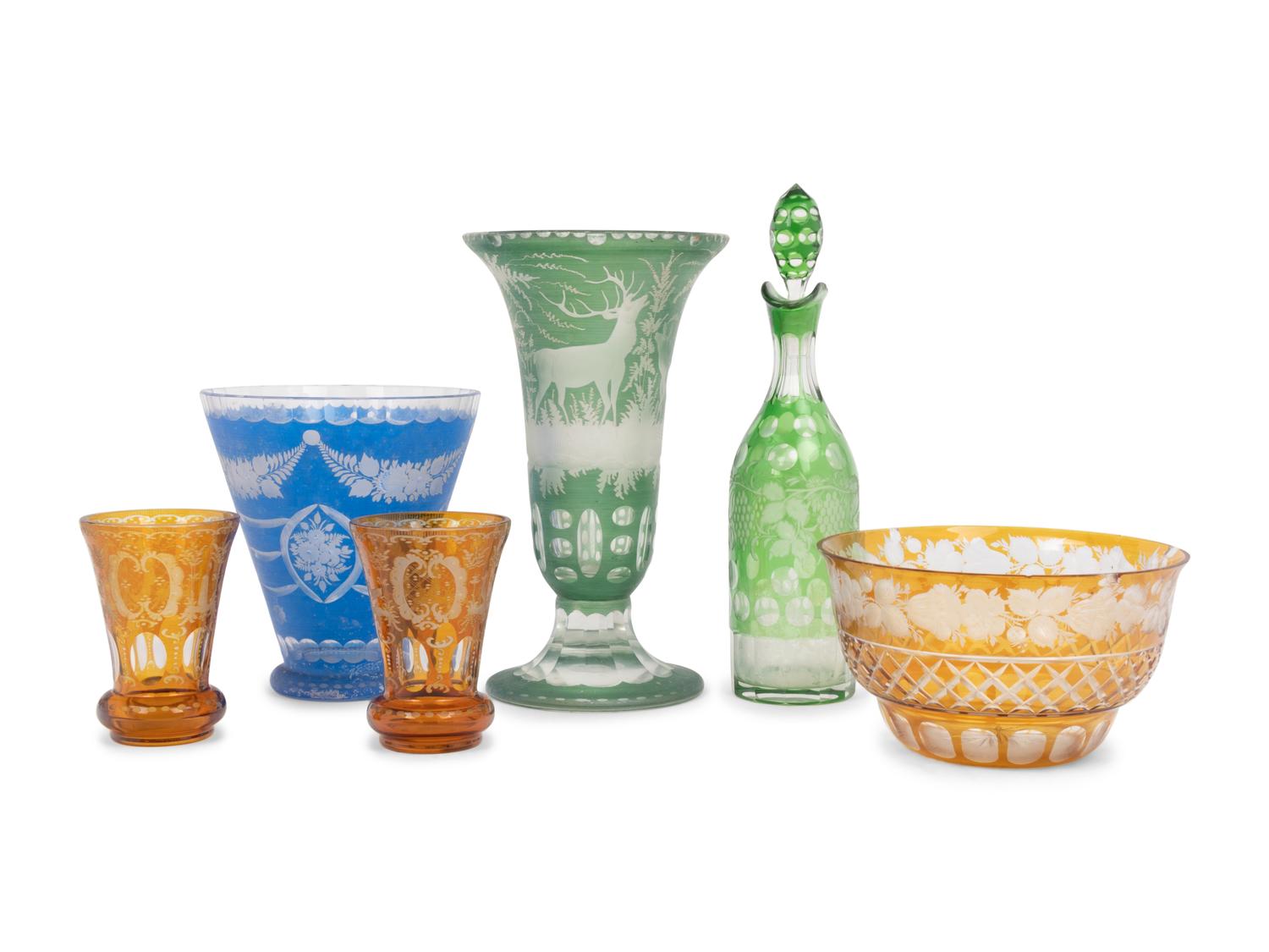 Six Bohemian Colored Cut-to-Clear Glass Articles