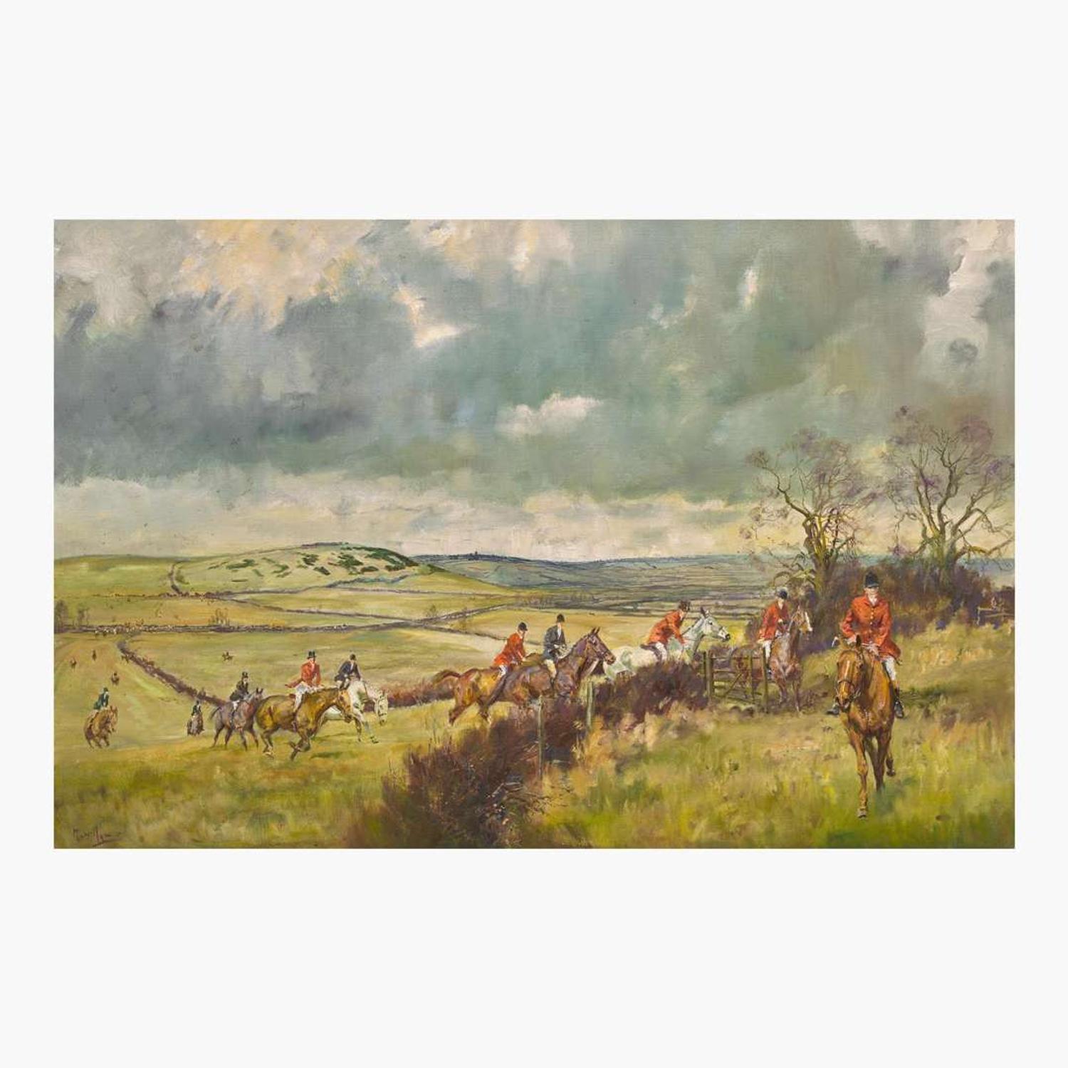 Michael Lyne (British, 1912–1989) The Fernie Near Cranoe - A Hunt from Caudle Church, Langton Tower on the Skyline.