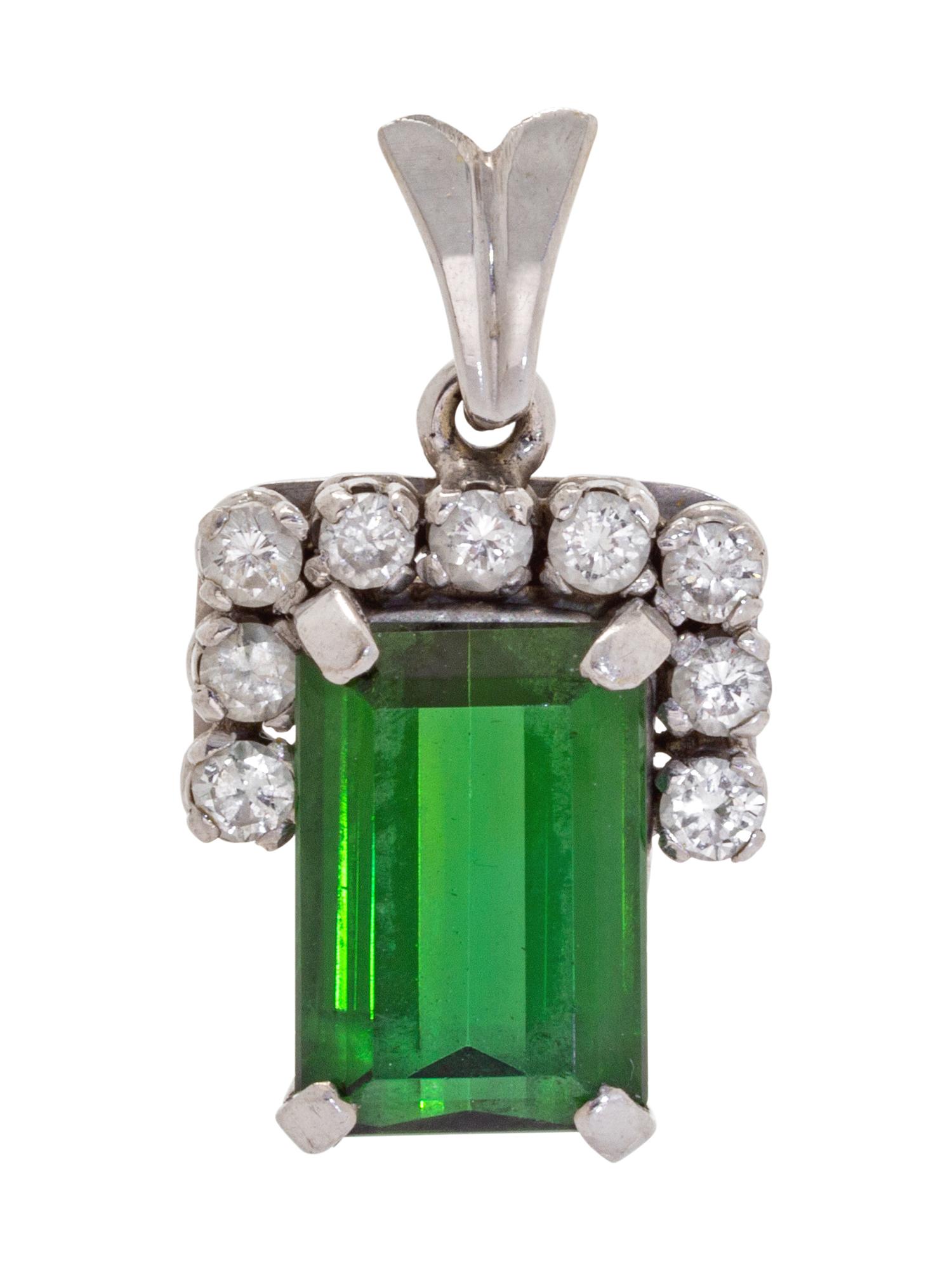 A White Gold, Green Tourmaline and Diamond Pendant,