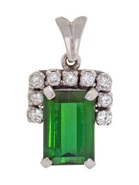 A White Gold, Green Tourmaline and Diamond Pendant,