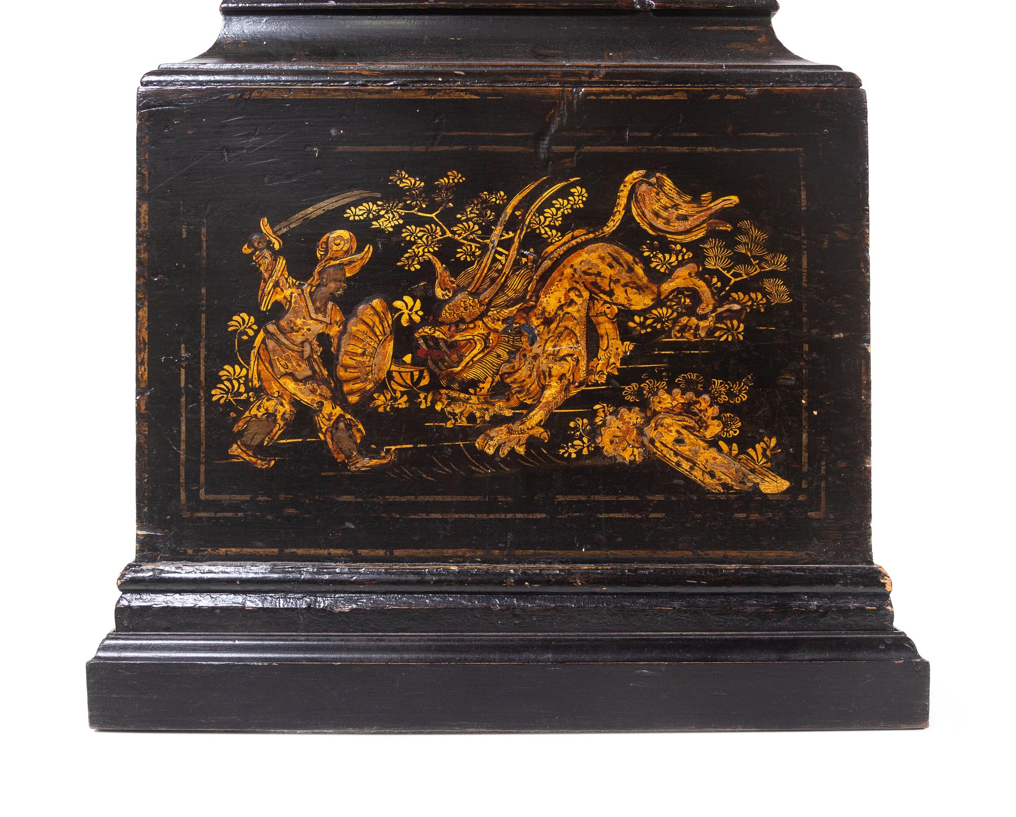 A George III Parcel Gilt and Black Lacquered Chinoiserie Decorated Tall Case Clock