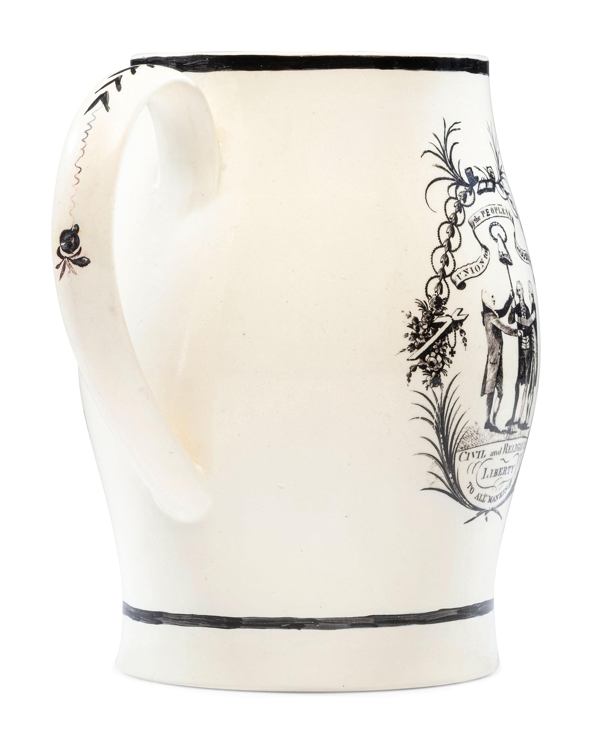 A Rare Liverpool Transfer-Printed Creamware 'Union to the People of America' Pitcher