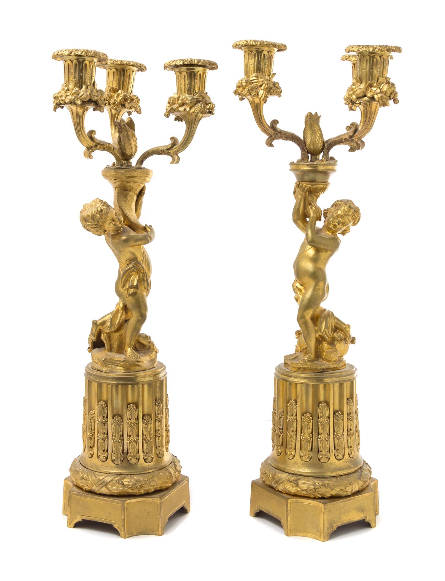 A Pair of French Gilt Bronze Three-Light Candelabra Height 16 1/2 inches. — 19TH/20TH CENTURY