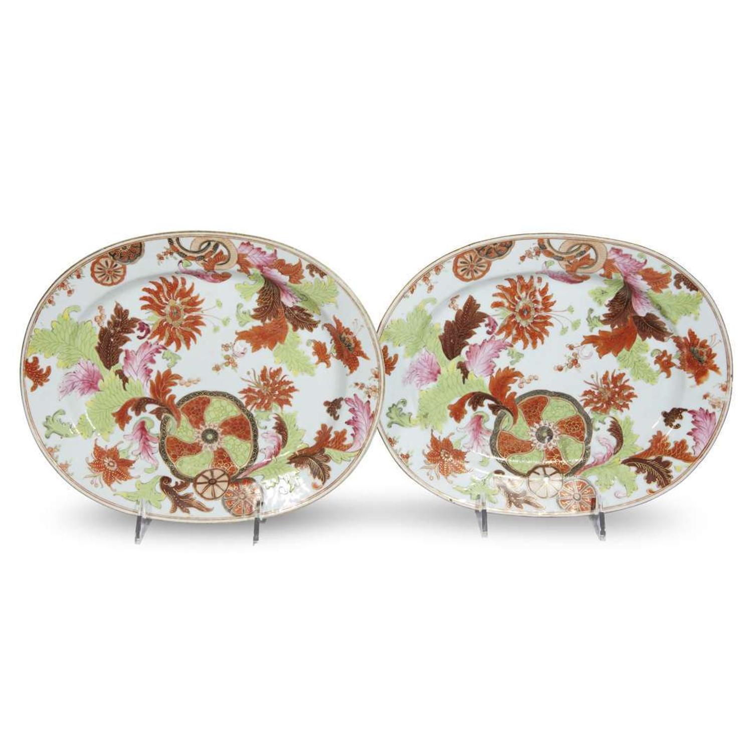 Two Chinese Export porcelain 'Pseudo Tobacco Leaf' oval platters late 18th century