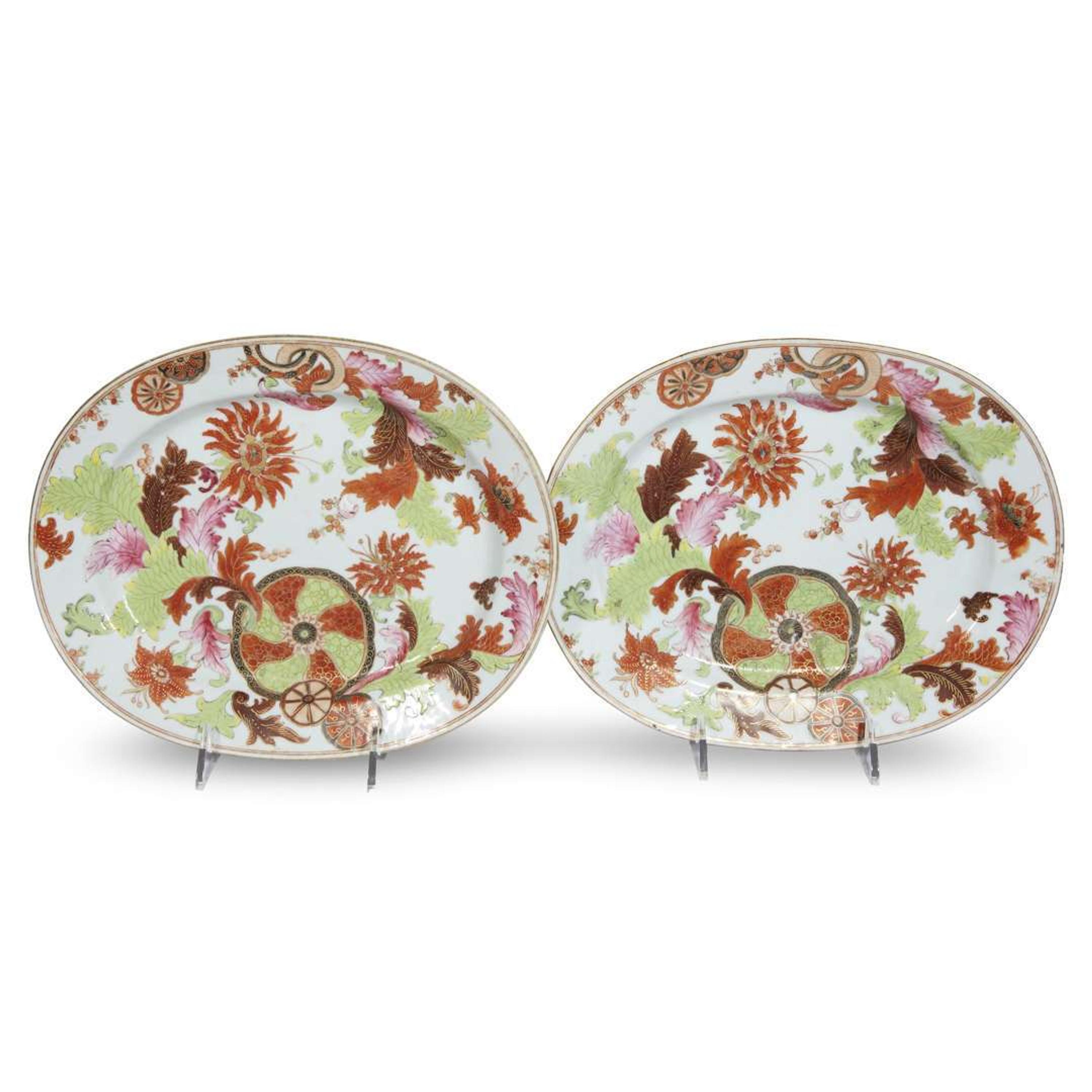 Two Chinese Export porcelain 'Pseudo Tobacco Leaf' oval platters late 18th century