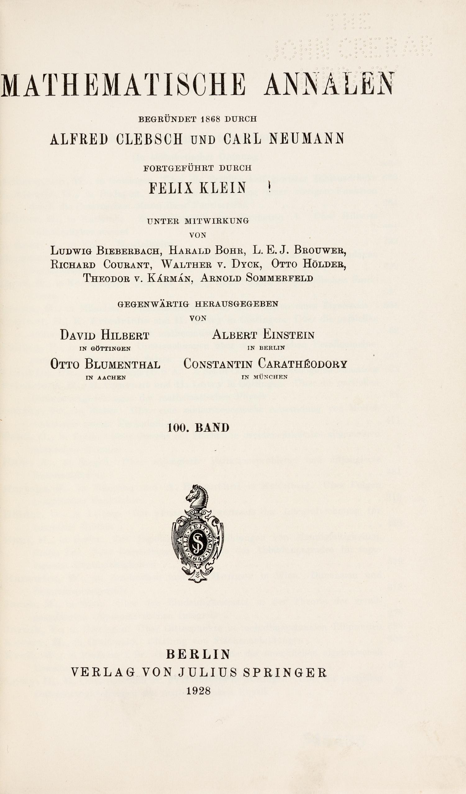 VON NEUMANN, John (1903-1957). “Zur Theorie der Gesellschatsspiele.” In: Mathematische Annalen , Vol. 100, pp. 295-300. Berlin: Julius Springer, 1928.