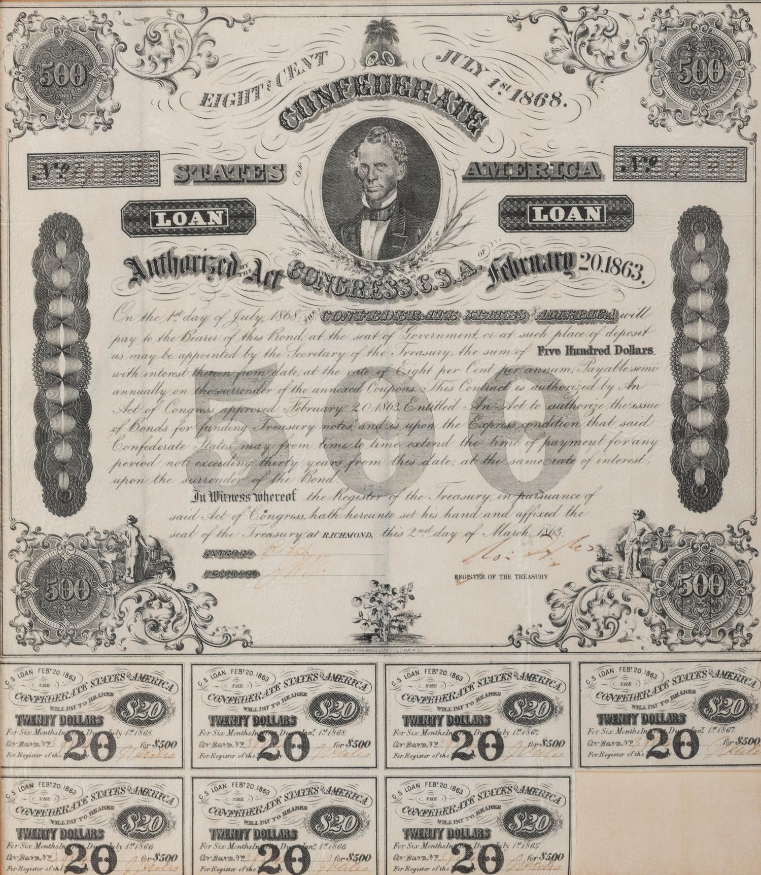 [CIVIL WAR]. A group of 11 Confederate bonds, incl. $500 and $1000 examples.