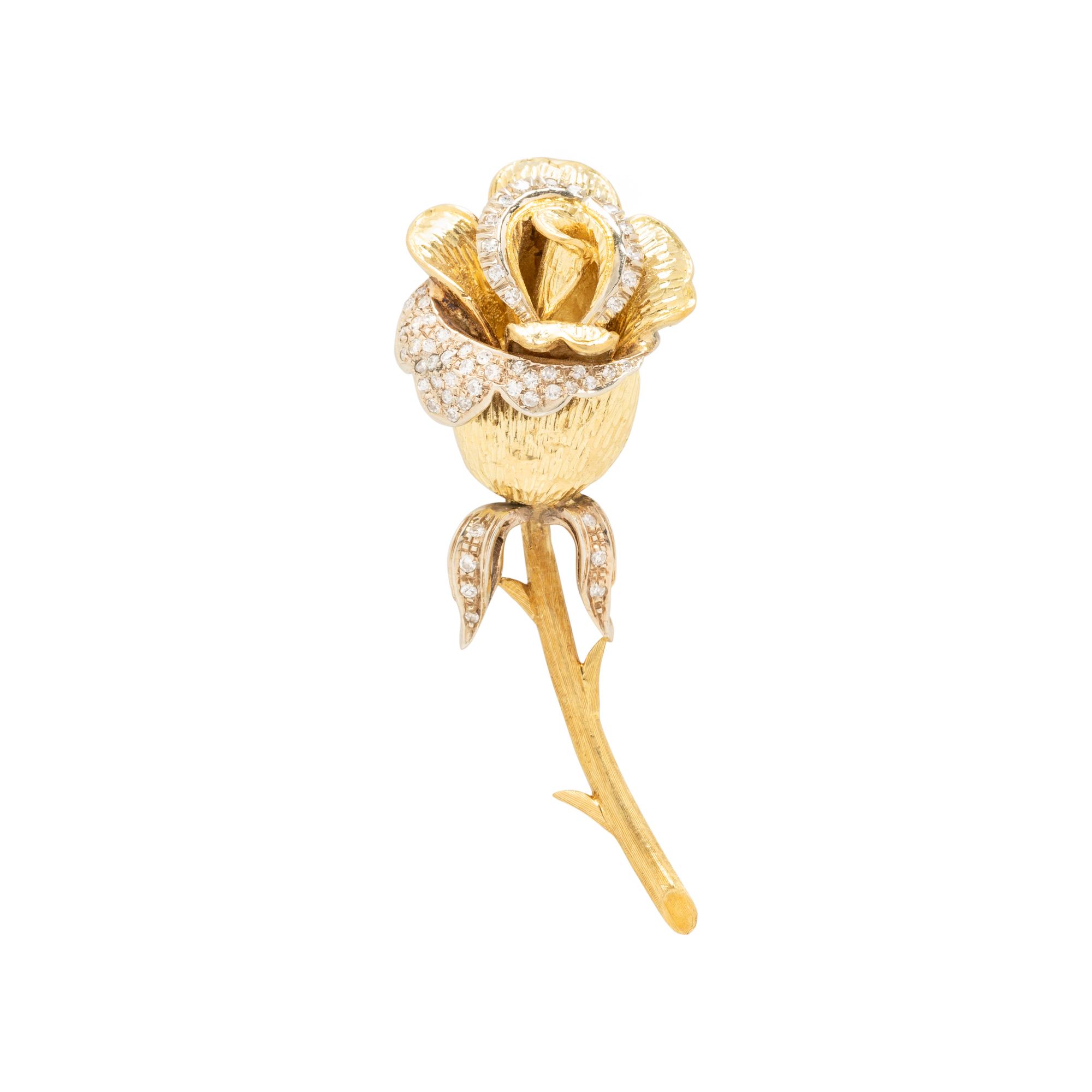 YELLOW GOLD AND DIAMOND ROSE BROOCH