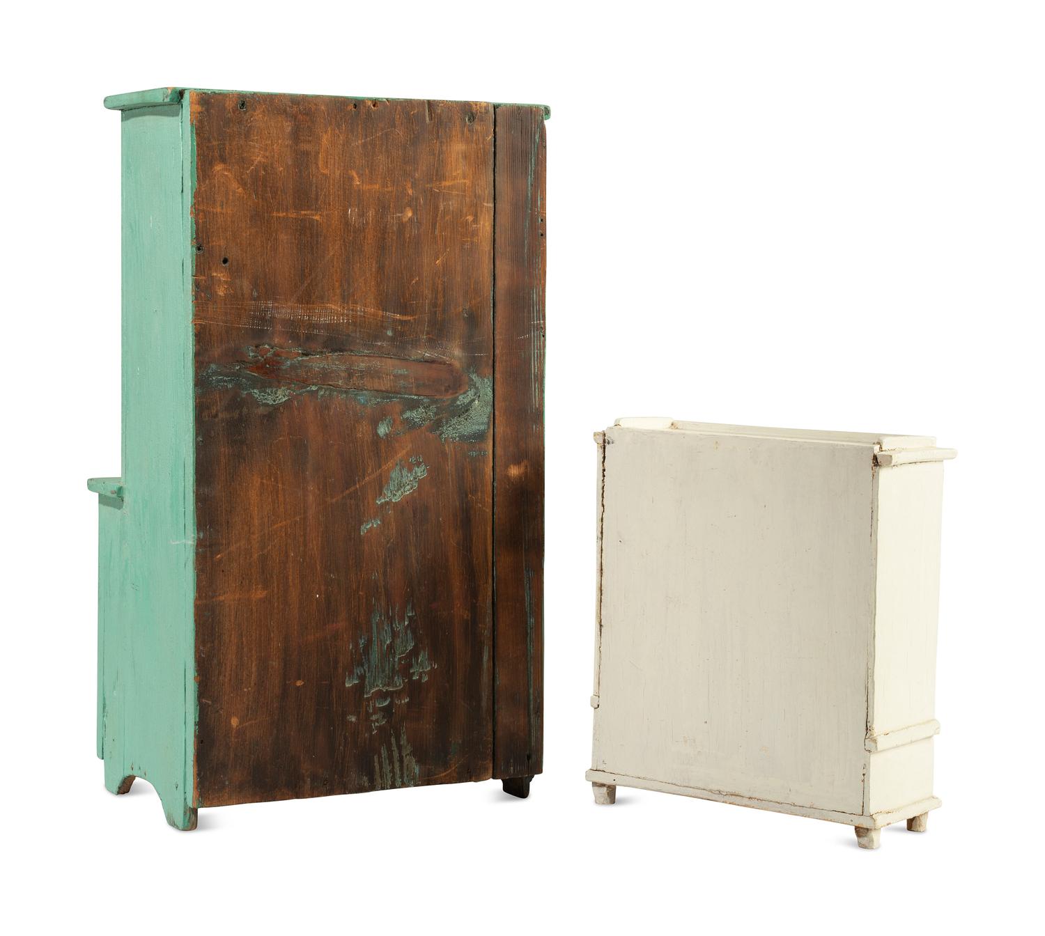 A Green Painted Miniature Step-Back Cupboard and a White-Painted Miniature Wardrobe Cabinet