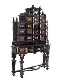 A Florentine Style Gilt Bronze and Specimen Marble-Mounted Ebonized Cabinet on Stand