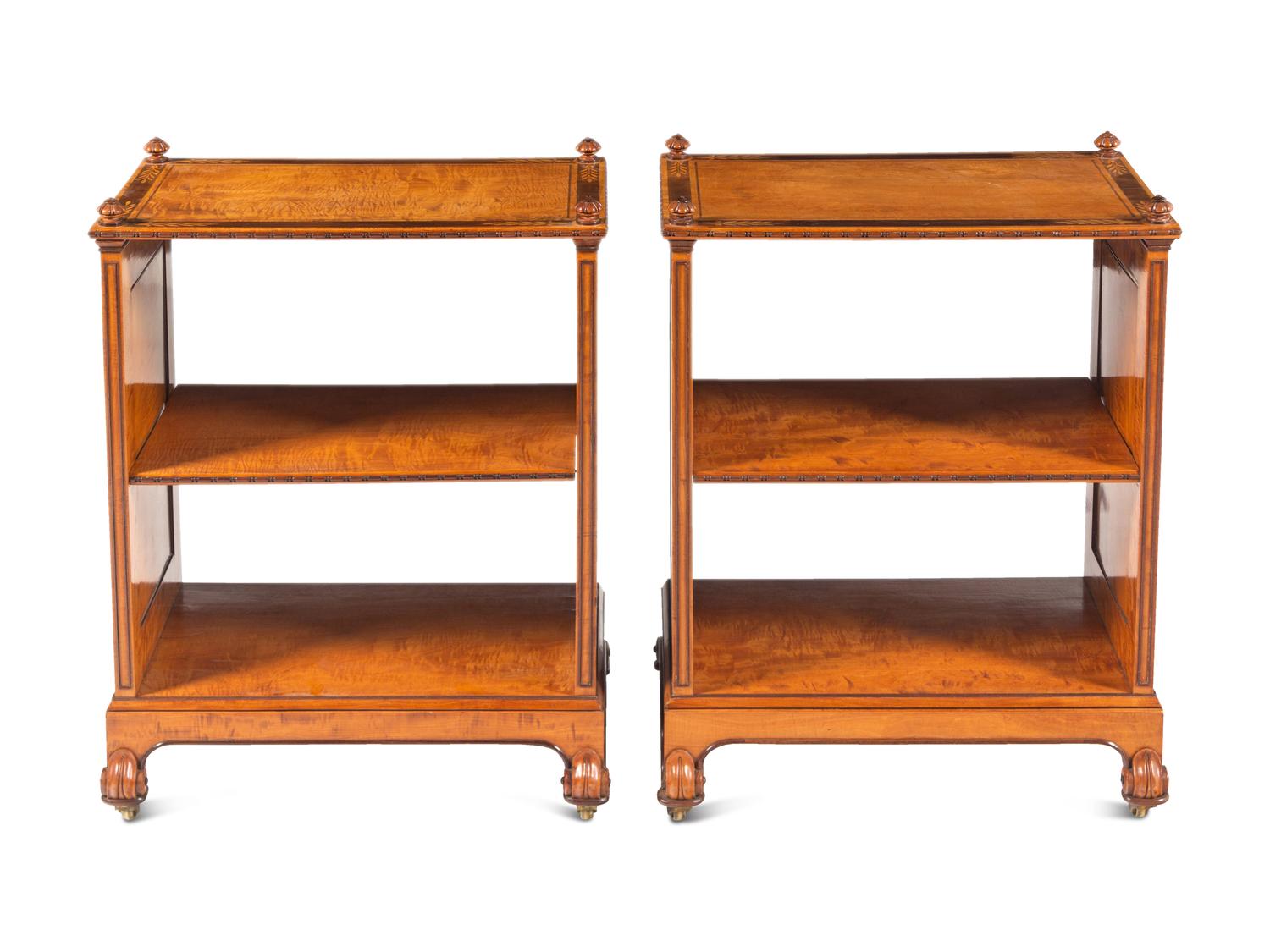 A Pair of Regency Revival Ormolu Mounted Satinwood and Amaranth-Inlaid Bookcases