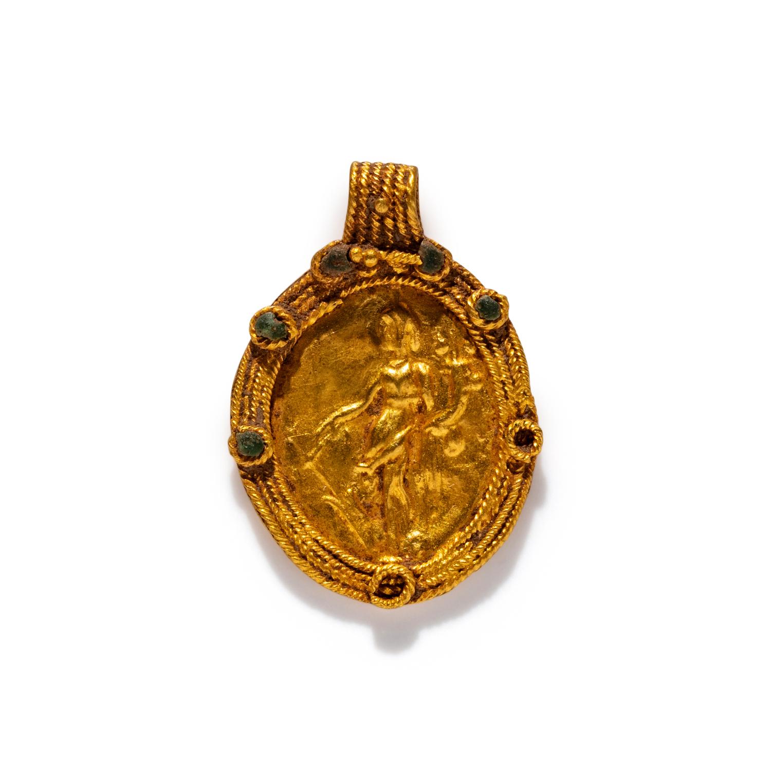 A Roman Gold and Green Glass Pendant with the Goddess Fortuna