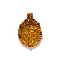 A Roman Gold and Green Glass Pendant with the Goddess Fortuna