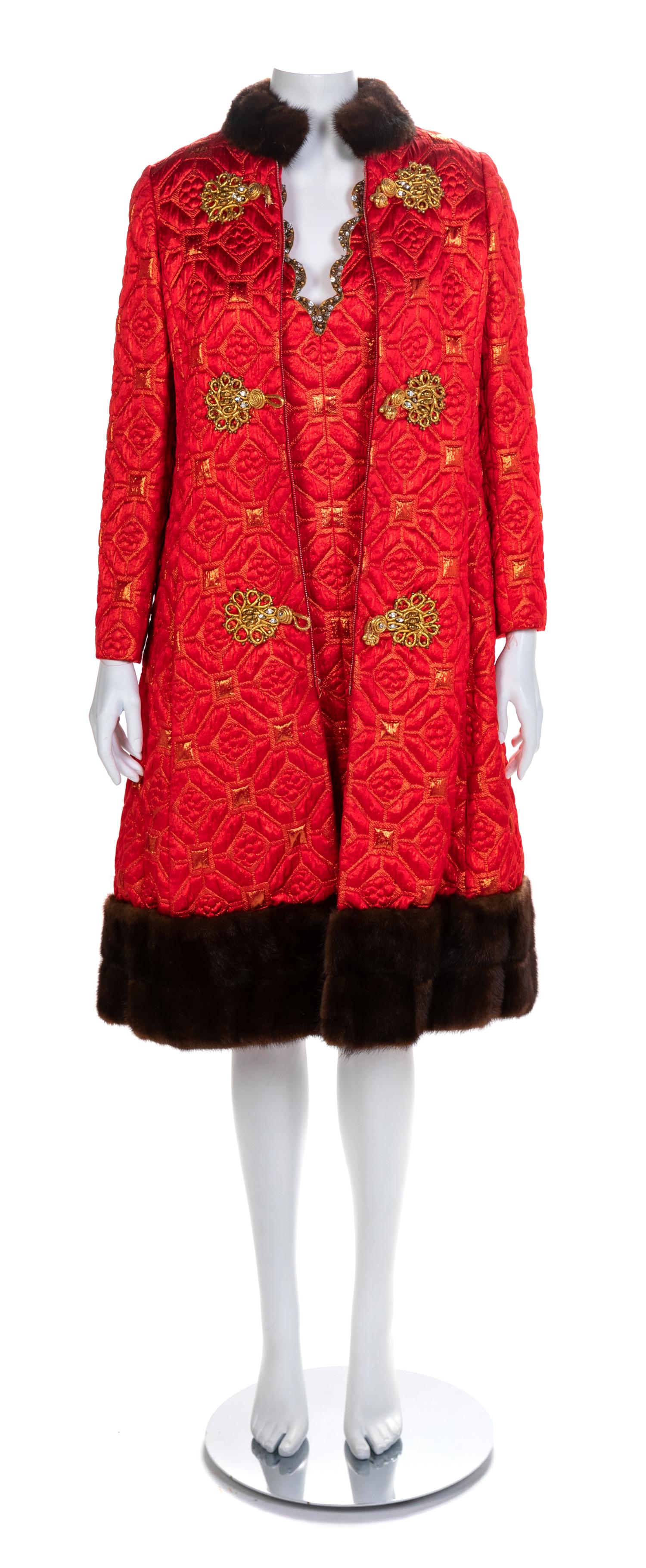 Oscar de la Renta Fur Trimmed Coat with Matching Dress, 1960-70s Size label: 8