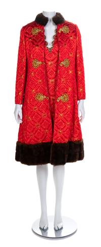 Oscar de la Renta Fur Trimmed Coat with Matching Dress, 1960-70s Size label: 8