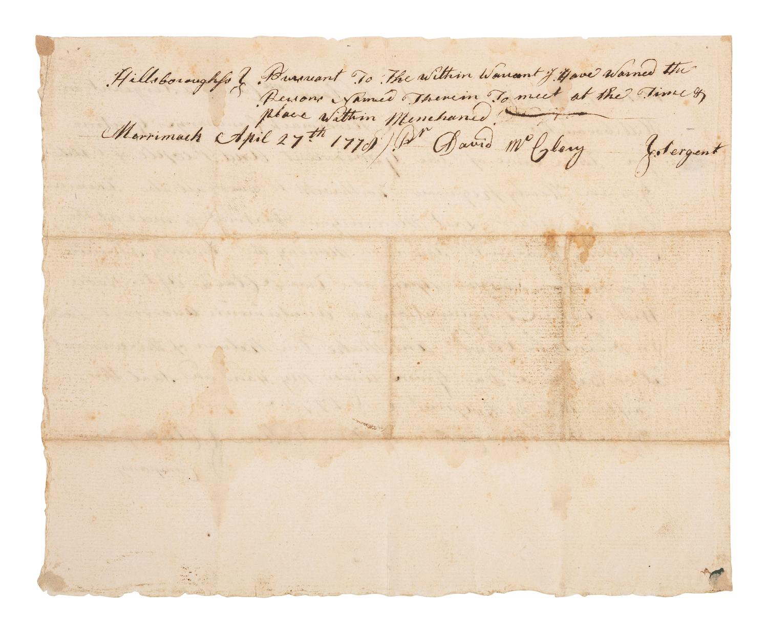 [REVOLUTIONARY WAR]. Warrant summoning soldiers. Hillsborough, New Hampshire, 15 April 1778.