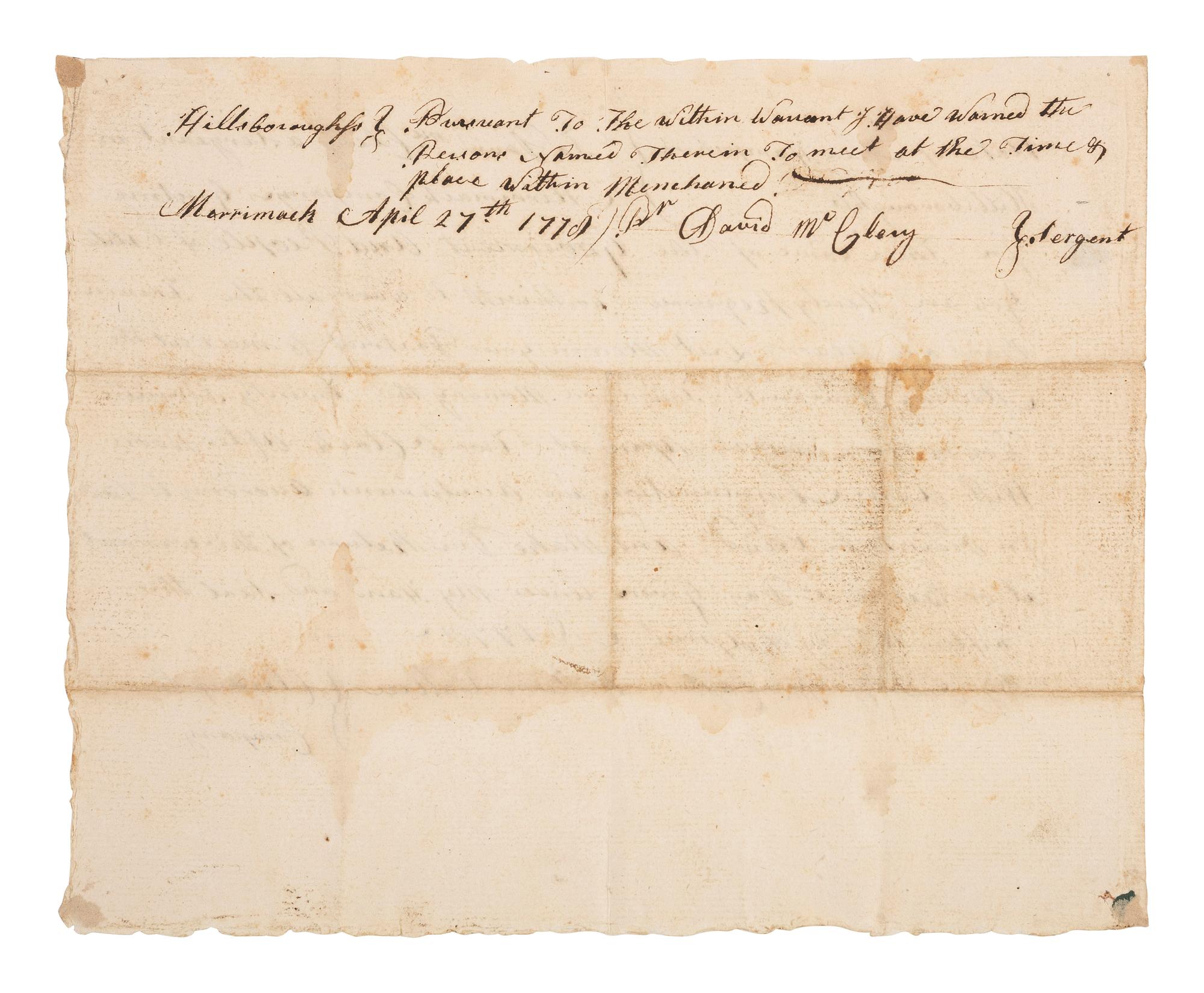 [REVOLUTIONARY WAR]. Warrant summoning soldiers. Hillsborough, New Hampshire, 15 April 1778.