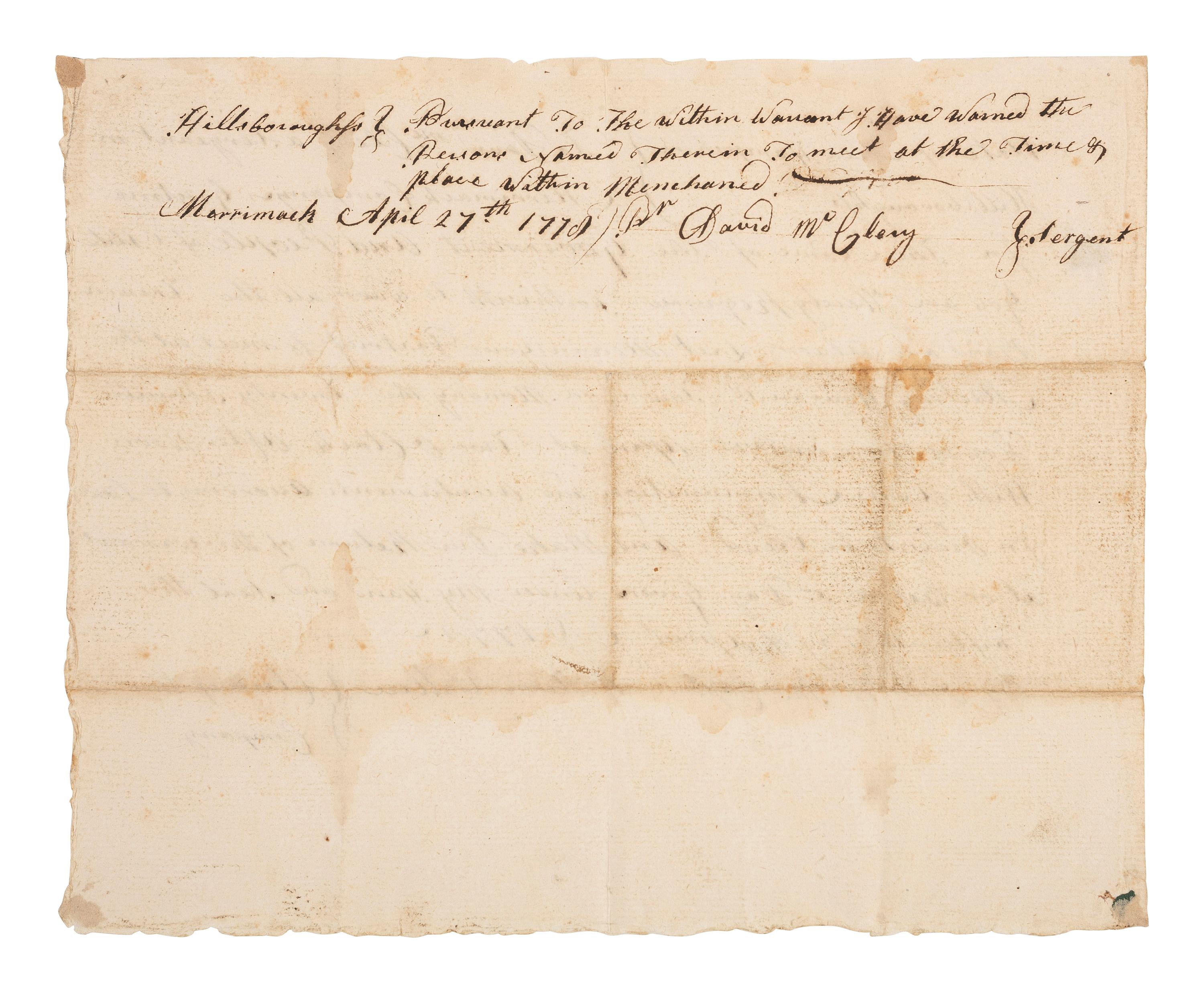 [REVOLUTIONARY WAR]. Warrant summoning soldiers. Hillsborough, New Hampshire, 15 April 1778.