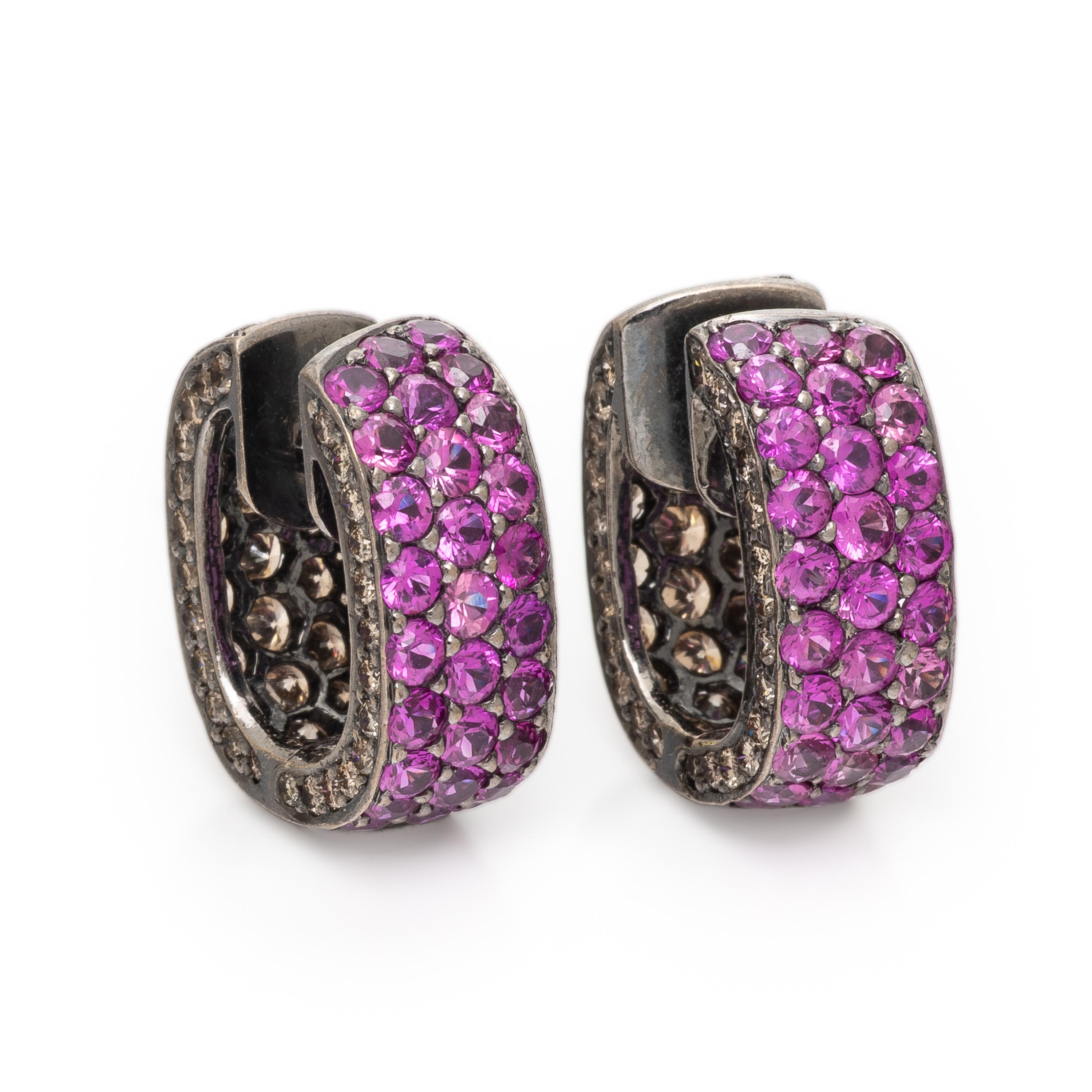 Pink Sapphire, Colored Diamond, and Blackened Gold Hoop Earrings