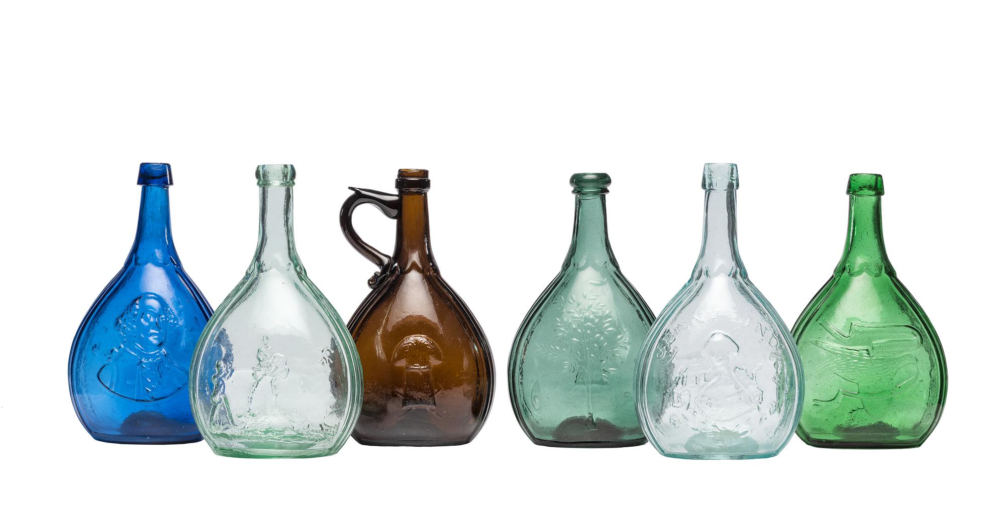 Six Molded Glass Calabash Bottles in Green, Aqua, Clear and Amber