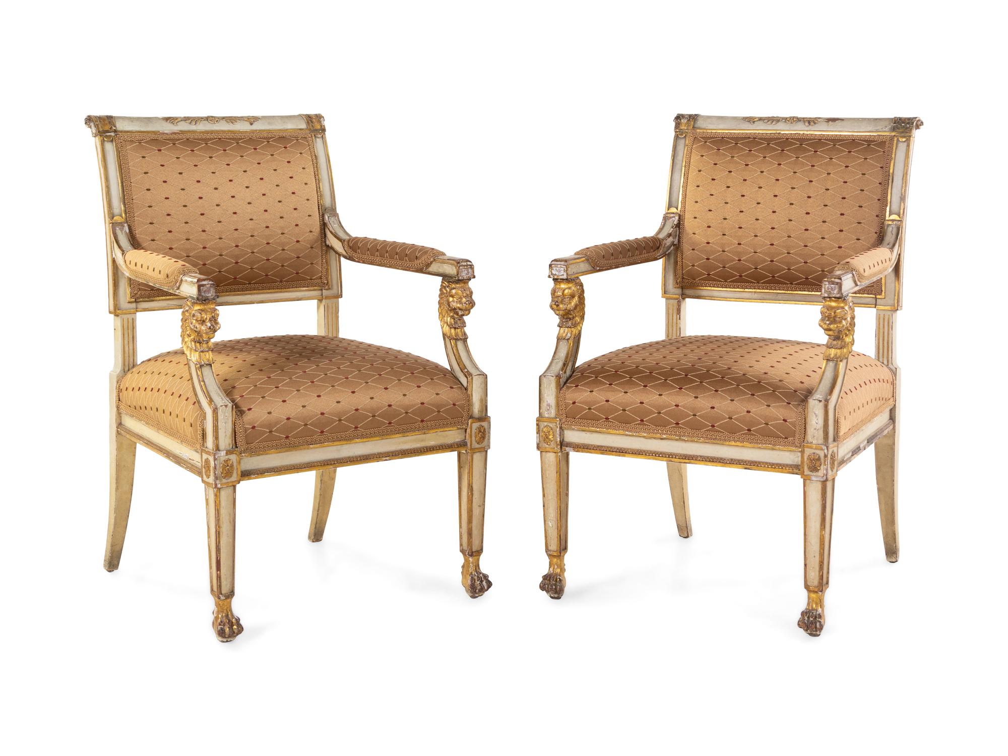 A Pair of Empire Painted and Parcel Gilt Fauteuils
