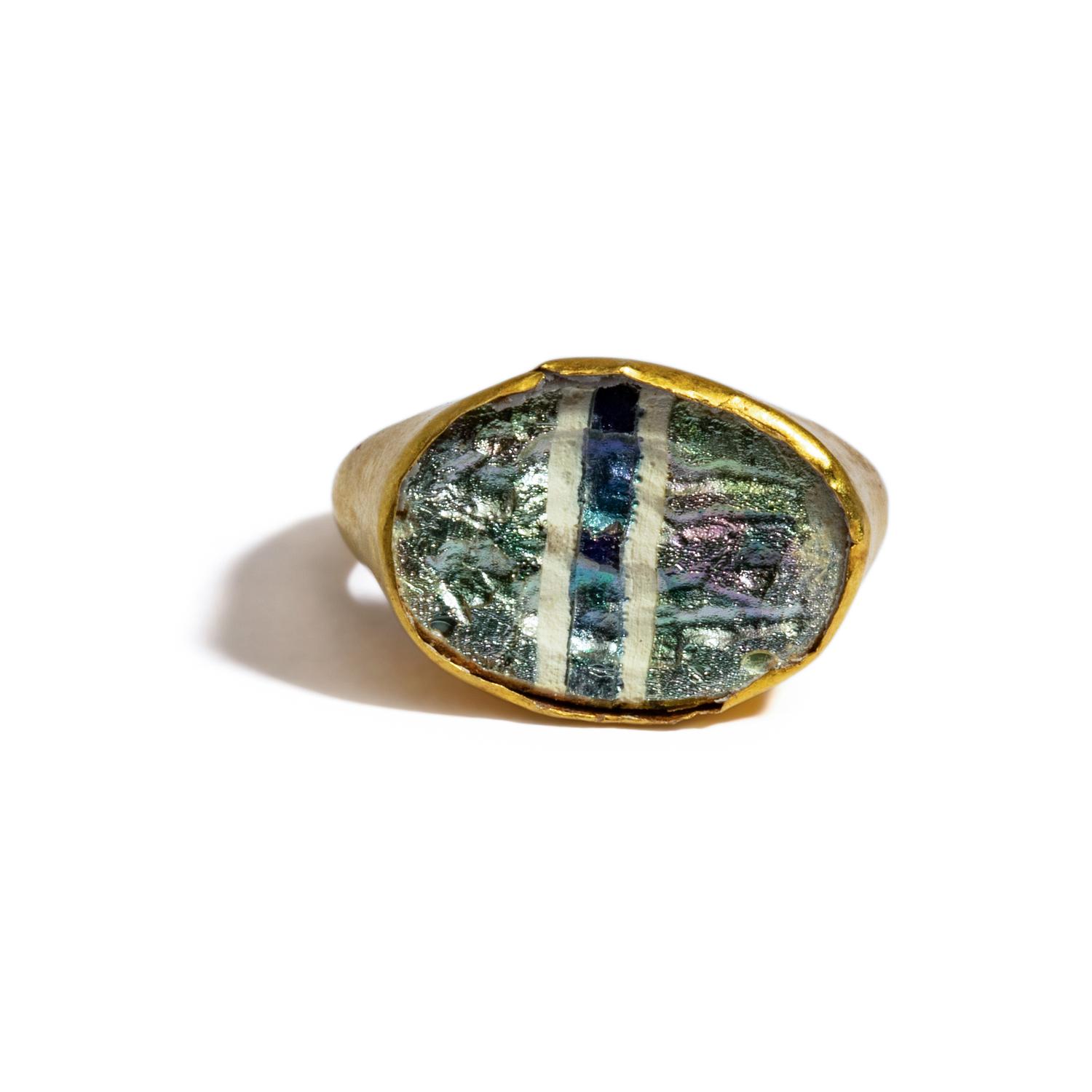 A Roman Glass and Gold Finger Ring with Two Athletes