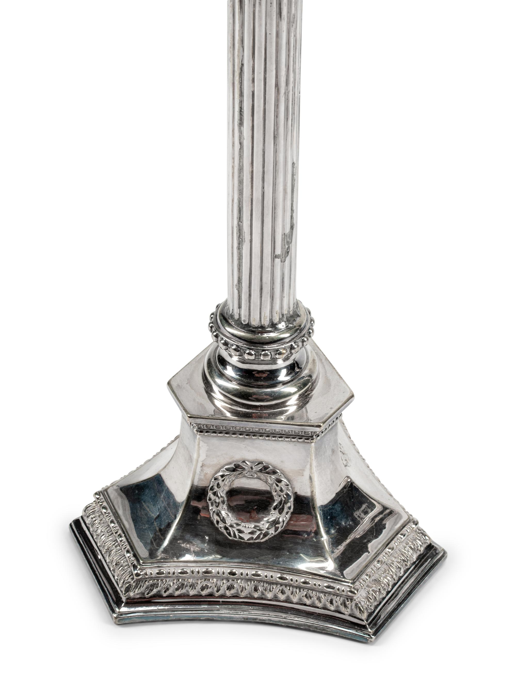 A Pair of Neoclassical Silver-Plate Five-Light Candelabra
