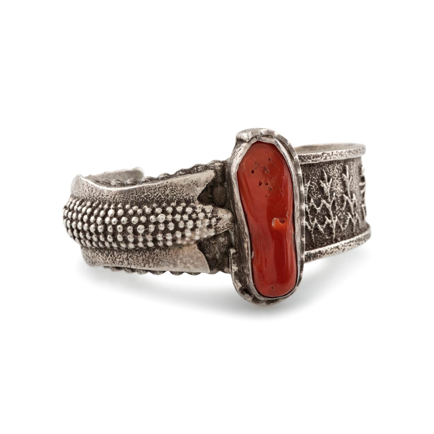 Silver Tufa Cast Cuff Bracelet, with Corn Design and Set with Coral