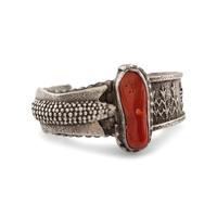 Silver Tufa Cast Cuff Bracelet, with Corn Design and Set with Coral