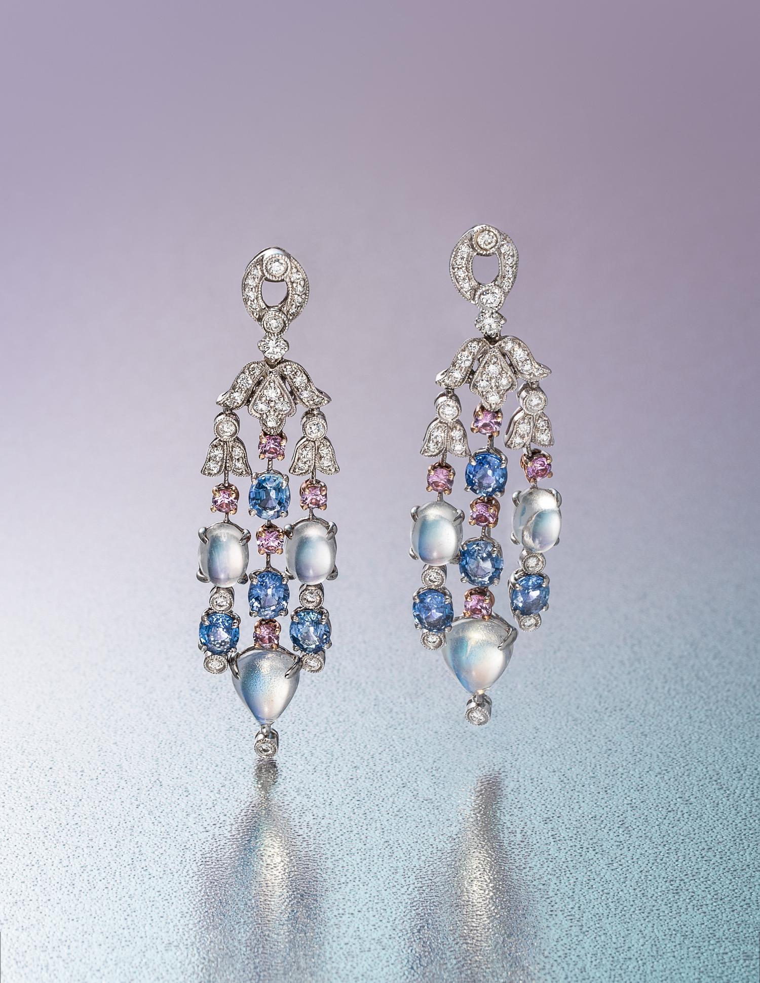 DIAMOND, MOONSTONE AND SAPPHIRE EARCLIPS
