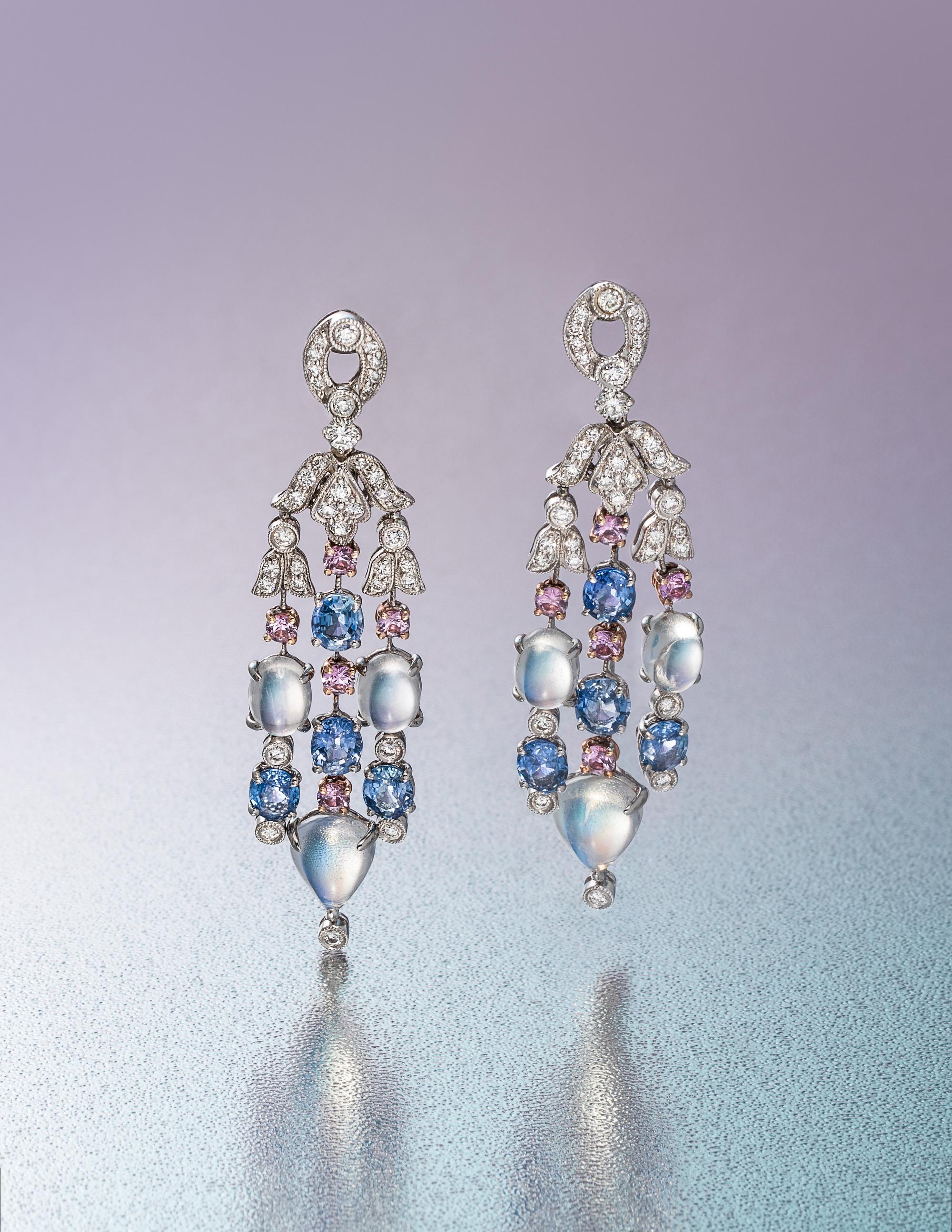 DIAMOND, MOONSTONE AND SAPPHIRE EARCLIPS